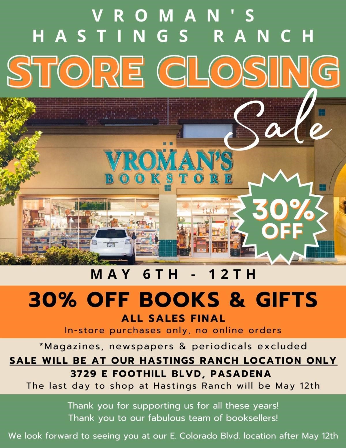 Vroman's hastings Ranch store closing sale ad
