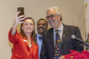Amy Wainscott takes a selfie with Raphael Henderson and Paul Little