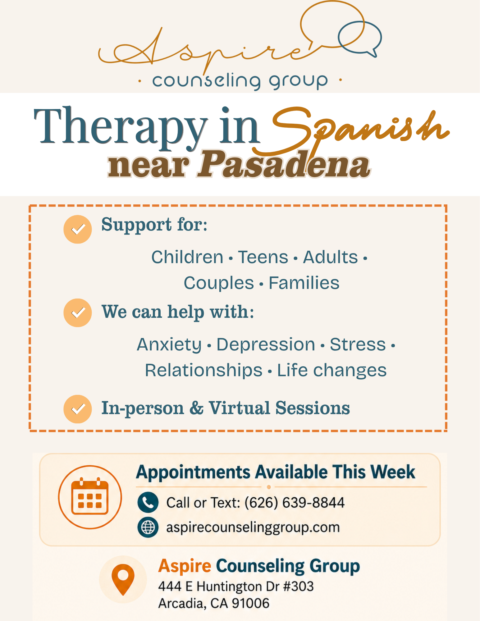 Spanish language counseling at Aspire flyer