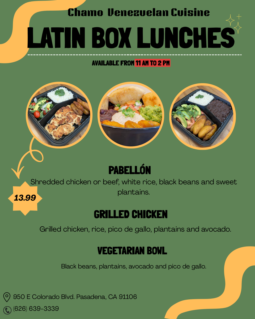 Chamo Venezuelan Cuisine box lunch special flyer