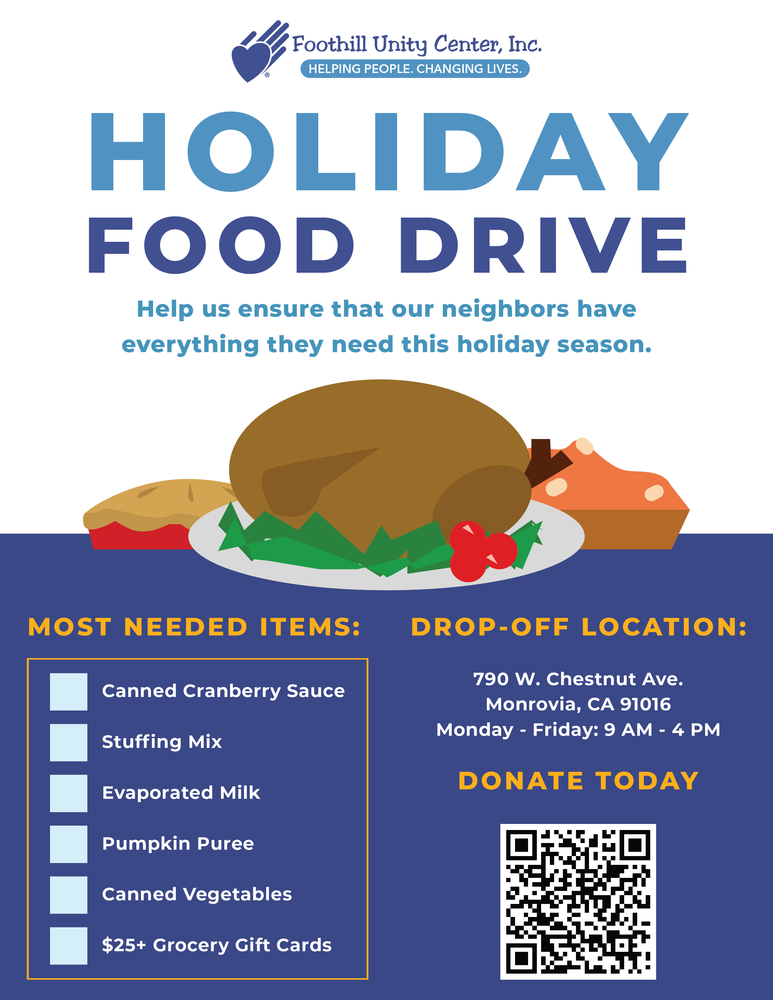 Foothill Unity Center Holiday Food Drive flyer