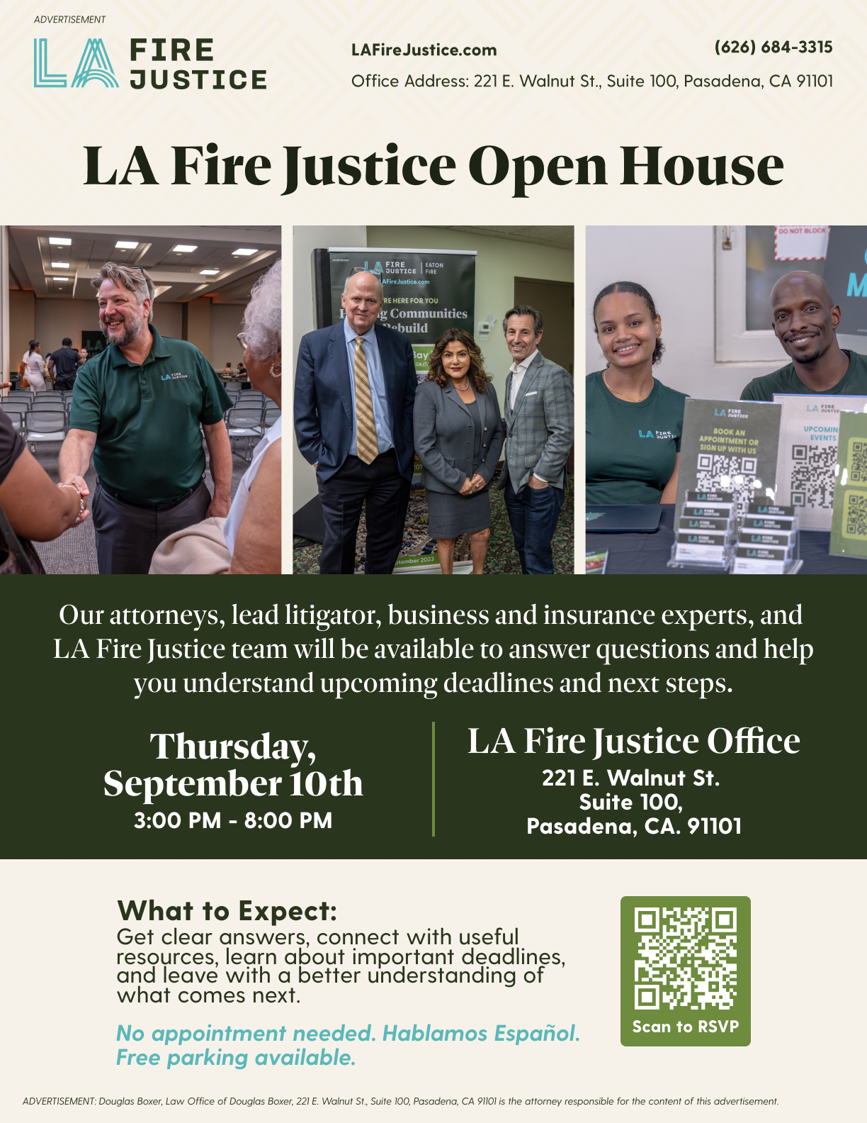 LA Fire Justice Open House flyer