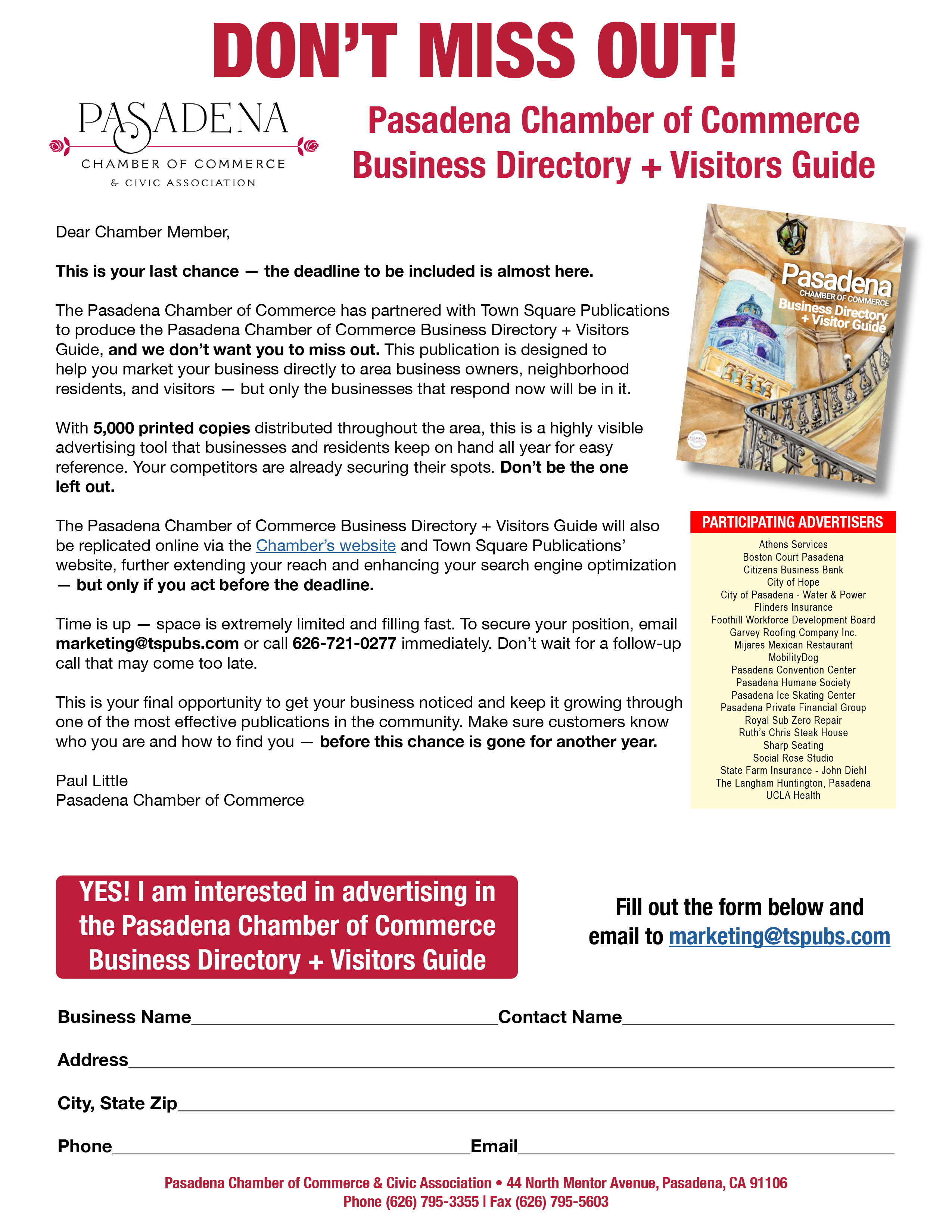 Pasadena Chamber Business Directory ad sales flyer