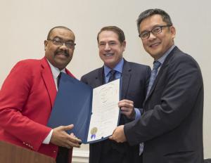 Pasadena Council Member Steve Madison joined us to honor Gerald Freeny the first African-American President of the Tournament of Roses. Council Member Steve Madison presents a commendation to Gerald Freeny