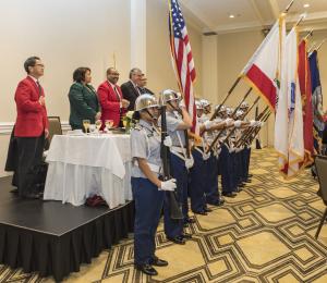 For the Pledge of Allegience, the Blair High School Army JROTC posted the colors. Blair High School JROTC posts the colors
