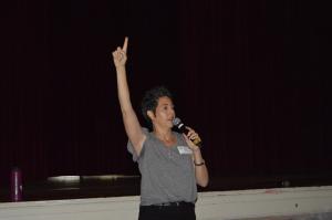 Val Sklar Robinson of Pasadena Chamber member Hot Yoga opens the program at Marshall High School. Val Sklar Robinson opens Marshall High program